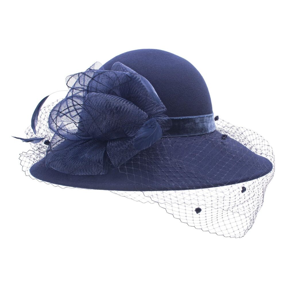 1925 Navy Blue Wool Felt Floral Veil Netting Feather Wide Brim Derby Hat